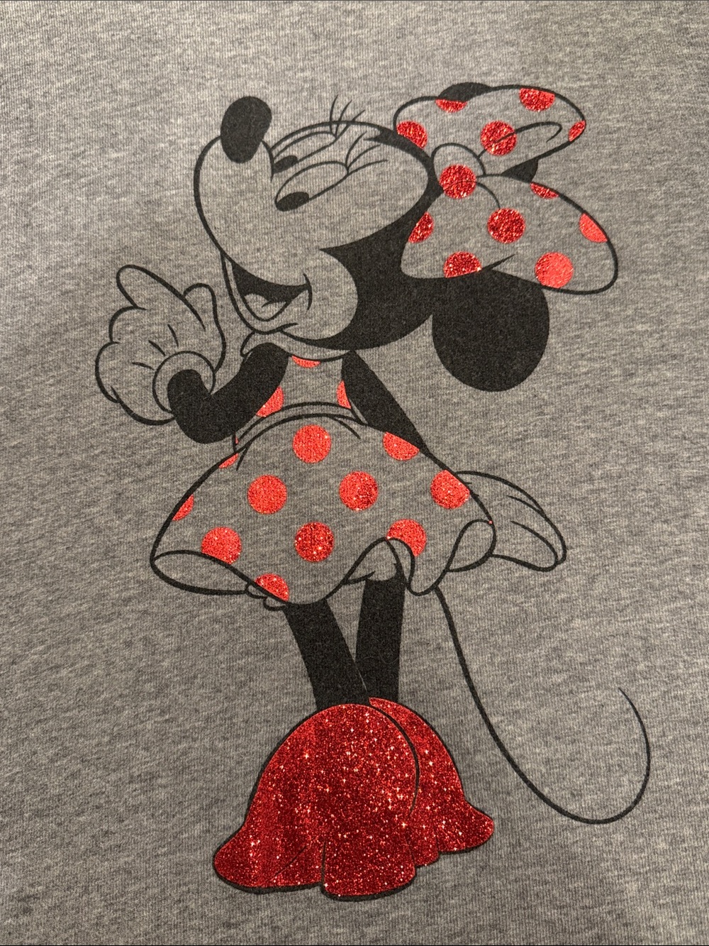 Official Disney Heather Gray Minnie Mouse Red Polka Dot Bow L/S Top XL